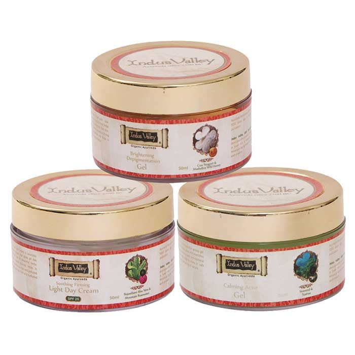 Buy Indus Valley Combo Pack (Brightening Depigmentation Gel (50 ml)+Calming Acne Gel (50 ml)+Soothing Firming Light Day Cream (50 ml)) - Purplle
