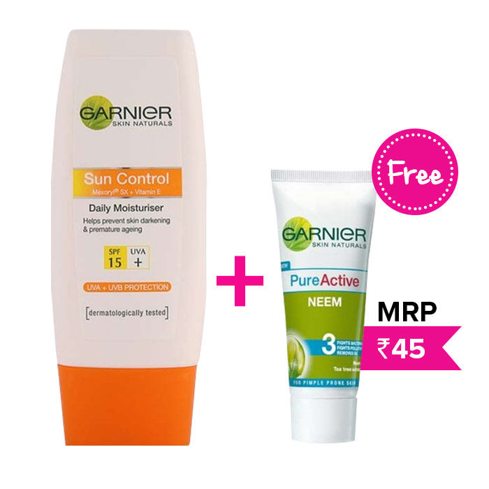 Buy Garnier Skin Naturals Sun Control Moisturizer SPF-15 (50 ml) + Garnier Skin Naturals Pure Active Neem Face Wash (50 g) FREE - Purplle