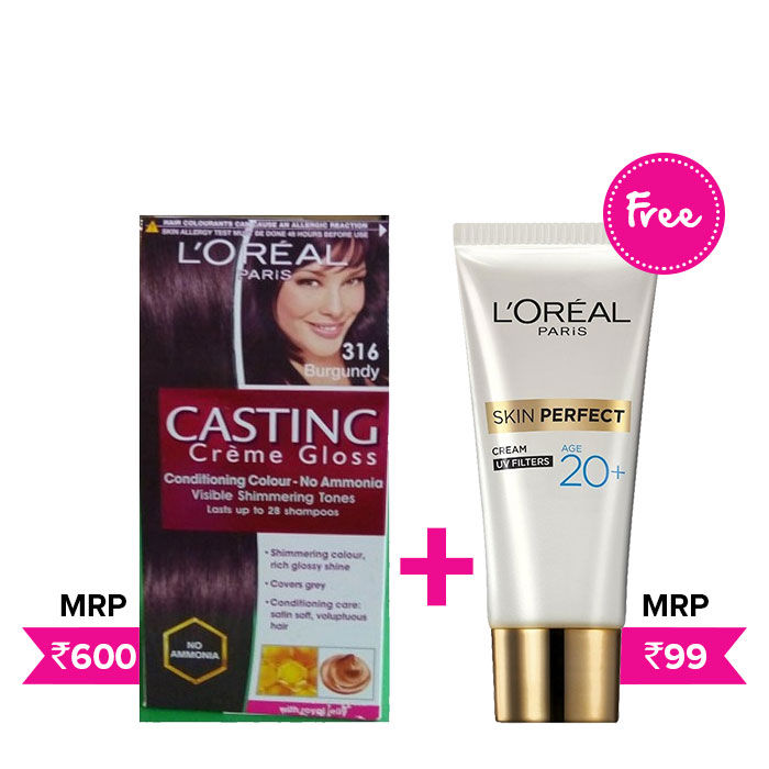 Buy L'Oreal Paris Casting Creme Gloss - Burgundy 316 (87.5 g + 72 ml) + FREE L'Oreal L'Oreal Paris Anti-Imperfections Whitening Cream Age 20+ (18 g) - Purplle