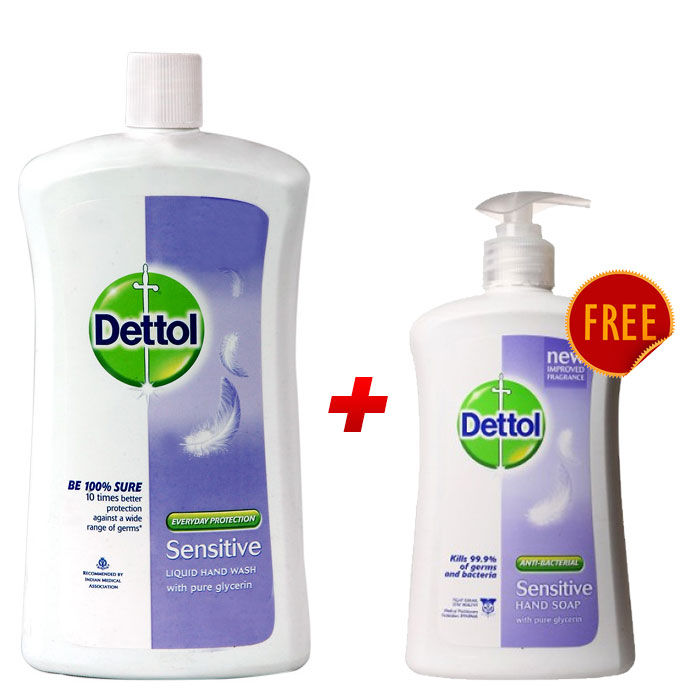 Buy Dettol Liquid Soap Jar Sensitive (900 ml) + Dettol Handwash (215 ml) FREE - Purplle