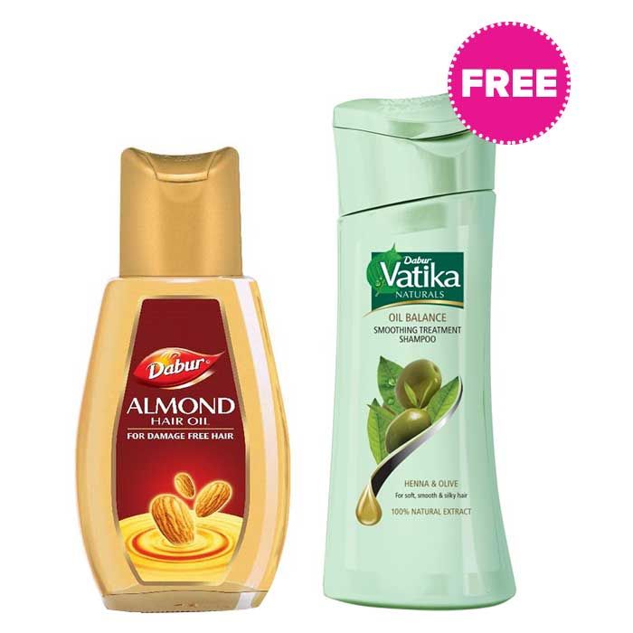 Buy Dabur Almond Hair Oil (200 ml) + Dabur Vatika Oil Balance Smoothing Treatment Shampoo (50 ml) FREE - Purplle