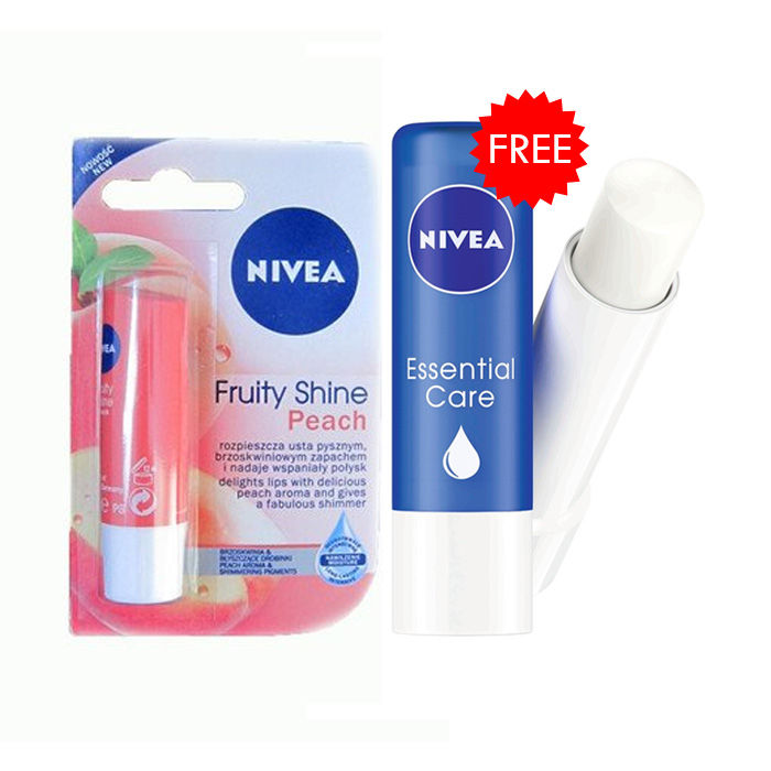 Buy Nivea Fruity Shine Peach Lip Balm (4.8 g) + Free Nivea Essential Care Lip Balm (4.8 g) - Purplle