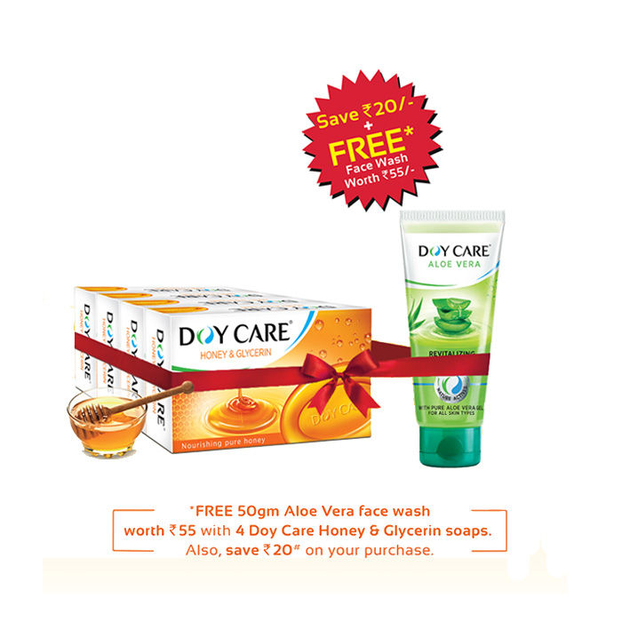 Buy Doy Care Honey & Glycerine soap (125 g) (Pack of 4) + Doy Care Aloevera Revitalizing Facewash (50 ml) Free - Purplle