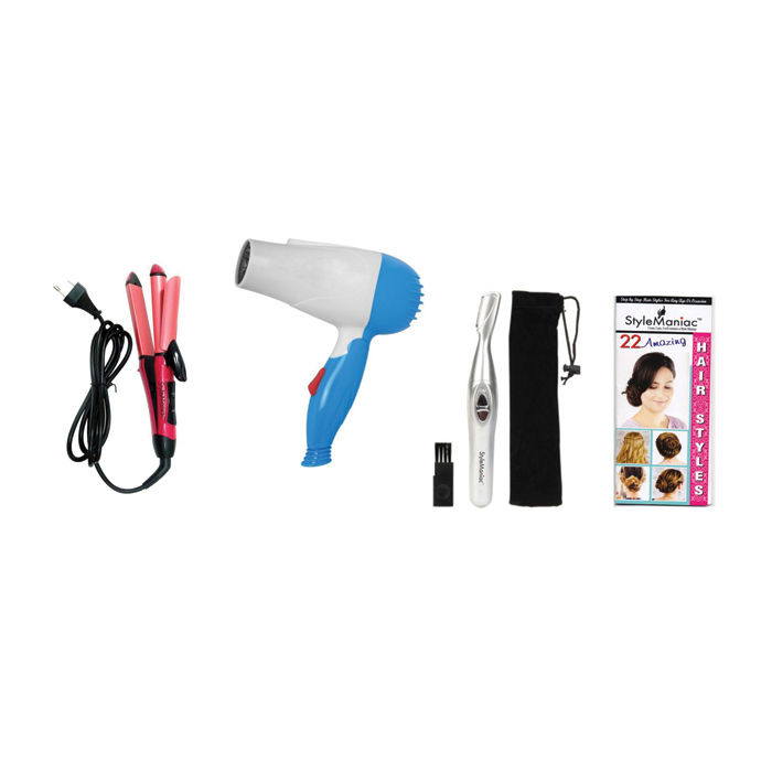Buy Style Maniac Combo Of 2 In 1 Hair Straightener Cum Curler , Hair Dryer And Painless Eyebrow Hair Remover And Get A Hairstyle Book Free - Purplle
