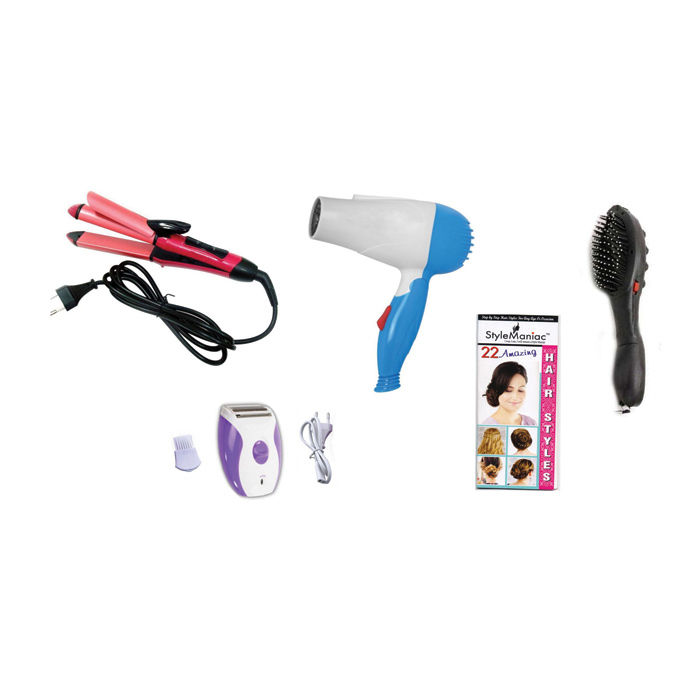 Buy Style Maniac Combo Of 2 In 1 Hair Straightener Cum Curler , Hair Dryer , Magnetic Massager Brush And Epilator (Ak-2001) And Get A Hairstyle Book Free - Purplle