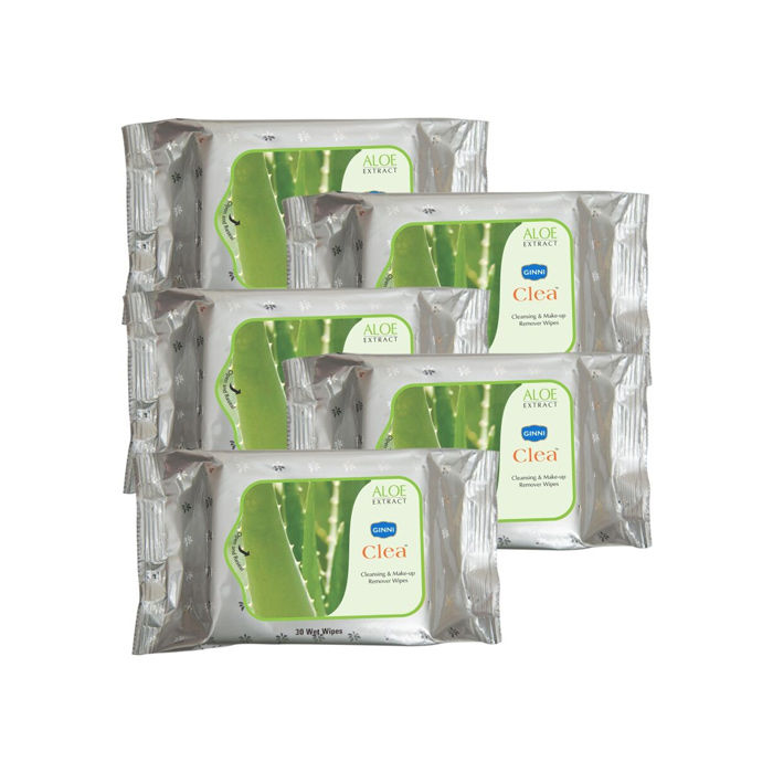 Buy Ginni Clea Cleansing & Make Up Remover Wipes (Aloevera) (Pack Of 5) (30 Wet Wipes Per Pack) - Purplle