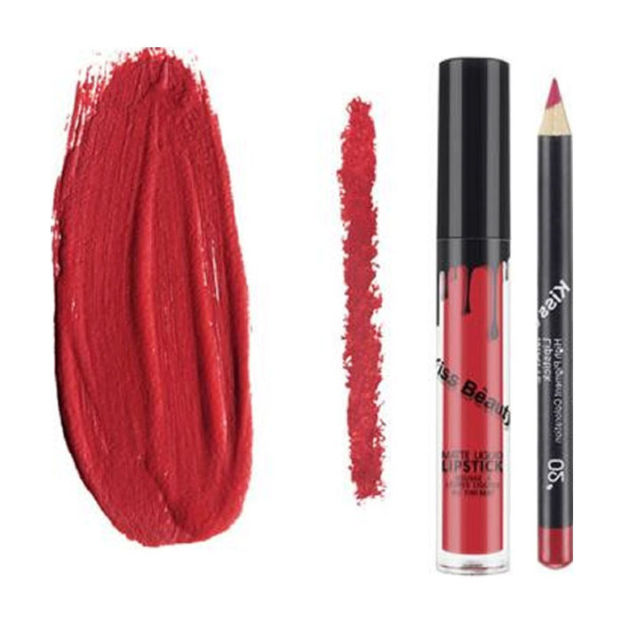 Buy Kiss Beauty Matte Liquid Lipgloss Lipstick and Lip Liner (Shade 2) - Purplle