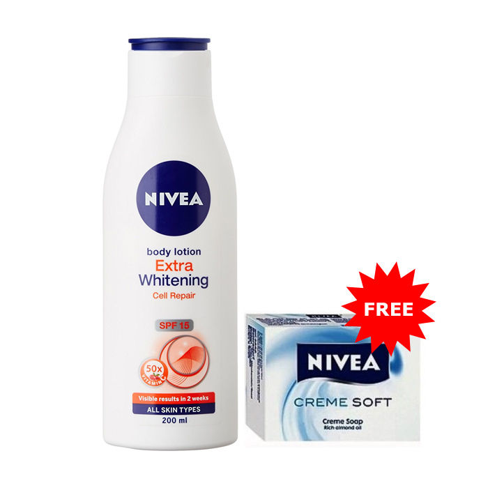Buy Nivea Extra Whitening Cell Repair & Body Lotion With SPF 15 (200 ml) + FREE 2 Nivea Creme Soft Soap (50 g) - Purplle