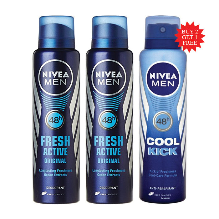 Buy Nivea Men Fresh Active Original Deodorant (150 ml) Buy 2 Get 1 Nivea Men Cool Kick Antiperspirant Deodorant Spray (150 ml) FREE - Purplle