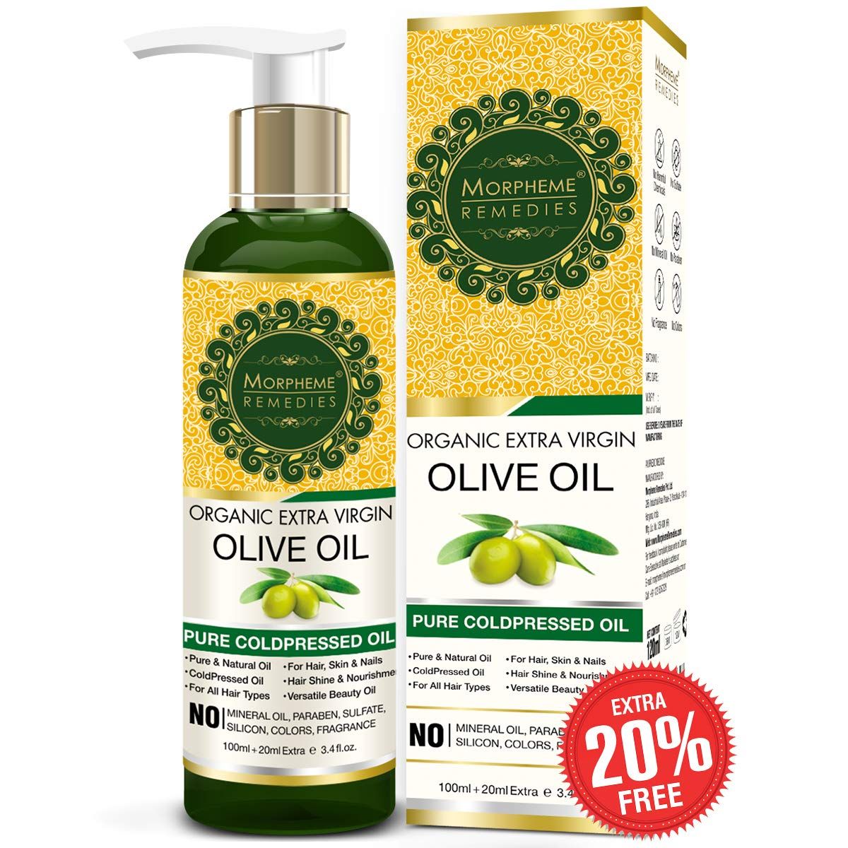 Buy Morpheme Organic Extra Virgin Olive Oil (Pure ColdPressed Oil) For Hair, Body, Skin Care, Massage, Eyelashes (120 ml) - Purplle