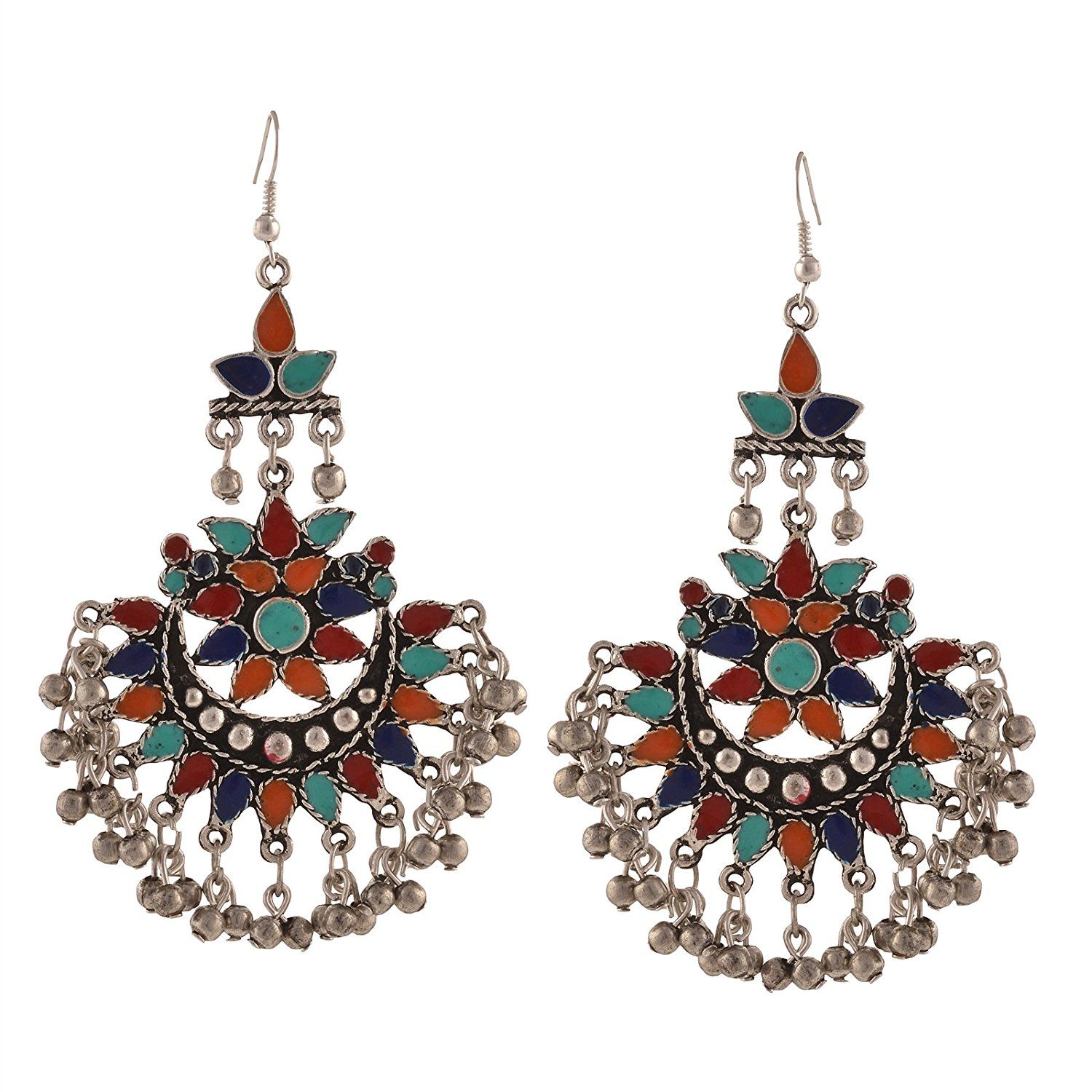 Buy Crunchy Fashion Oxidised Silver Multicolored Afghan Earrings For Women - Purplle