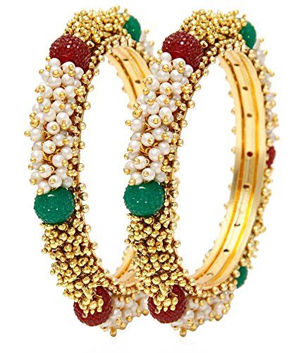 Buy Crunchy Fashion Traditional Gold Platted Multicolor Pearl Polki Bangle Set - Purplle