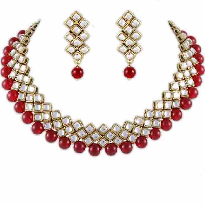 Buy Karatcart Kundan And Red Beads Brass Choker Necklace & Earrings For Women - Purplle