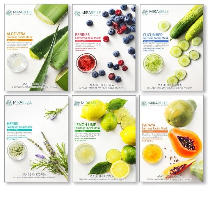 Buy Mirabelle Korea Fairness Facial Mask (Aloevera, Berries, Cucumber, Herbs, Lemon, Papaya - Combo Pack Of 6) (25 ml) - Purplle