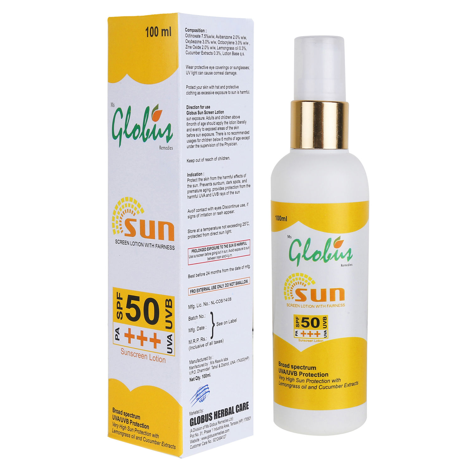 Buy Globus Remedies Sunscreen Lotion With Fairness - Spf 50 Pa+++ (100 ml) - Purplle