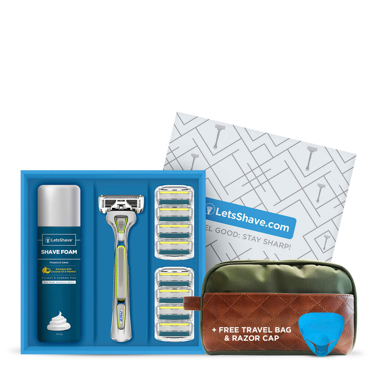 Buy LetssShave Pro 6 Premium Gift Set for Men: 1 Razor Handle(Green)+ Pack of 8 Blades + Shave Foam - 200g + Free ( Travel Bag + Travel Cap) - Purplle