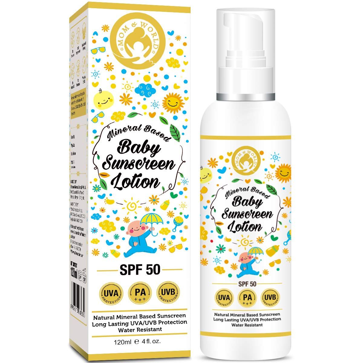 Buy Mom & World Mineral Based Baby Sunscreen Lotion, SPF 50 PA+++ (120 ml) - UVA/UVB Protection, Water Resistance - Purplle