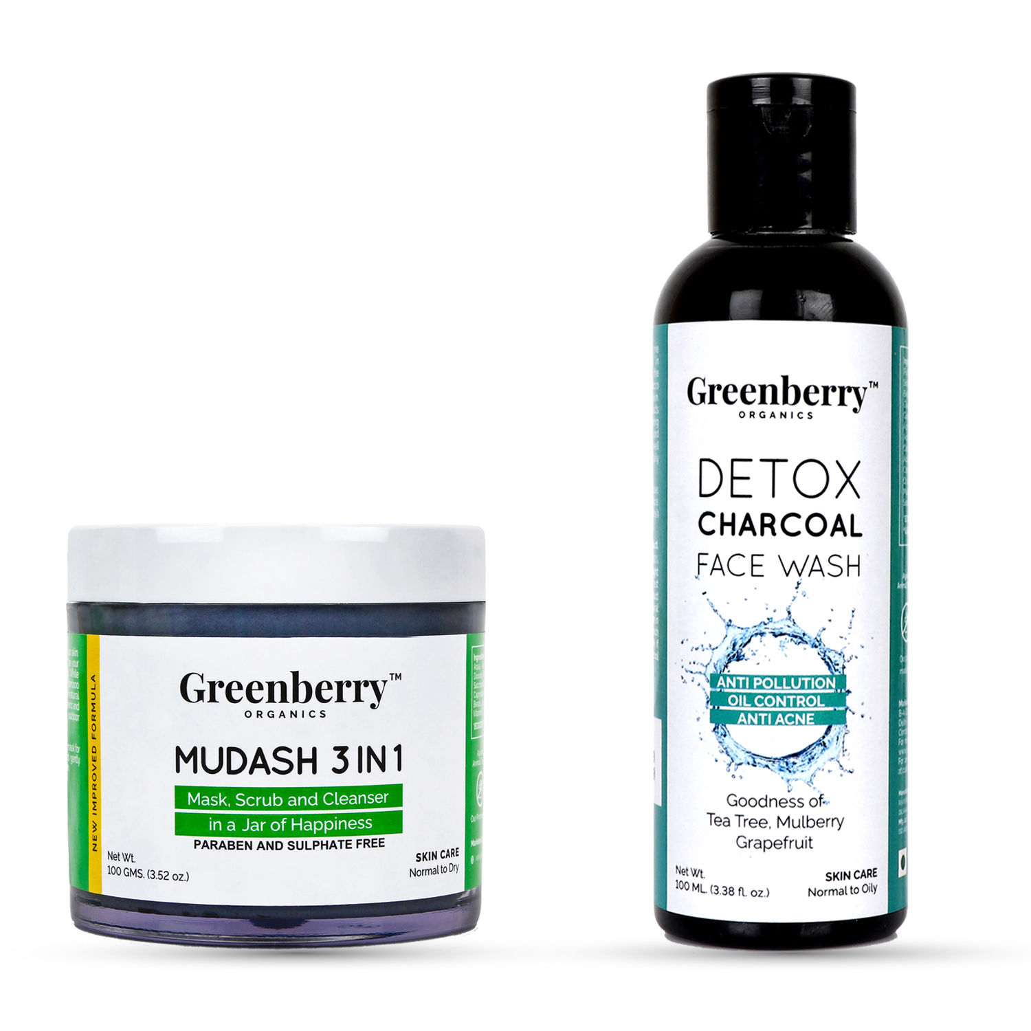 Buy Greenberry Organics Mud Ash 3 IN 1 Face Mask, Scrub & Cleanser with Charcoal Detox Face Wash (100 GMS + 100 ML) - Purplle