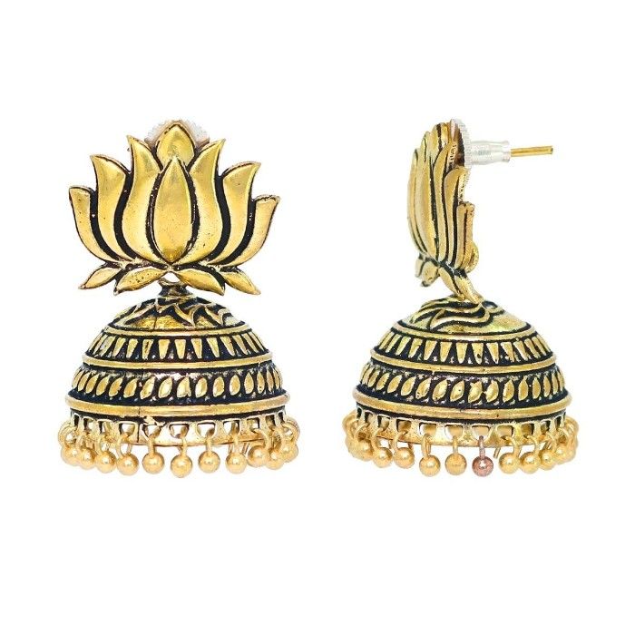 Buy Royal Bling Oxidized Gold Lutus Jhumka Earrings - Purplle