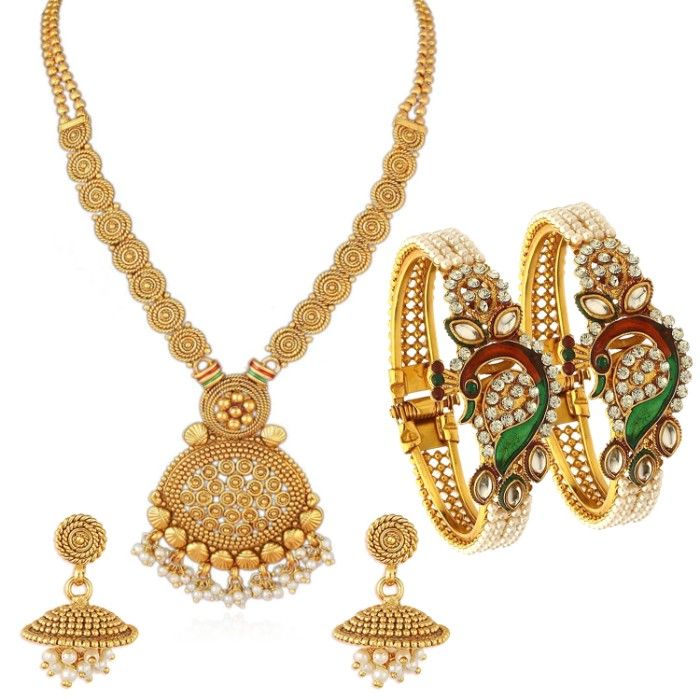 Buy Sukkhi Dazzling Pearl Gold Plated Wedding Jewellery Kundan Peacock Meenakari Necklace Set & Kada Combo For Women - Purplle