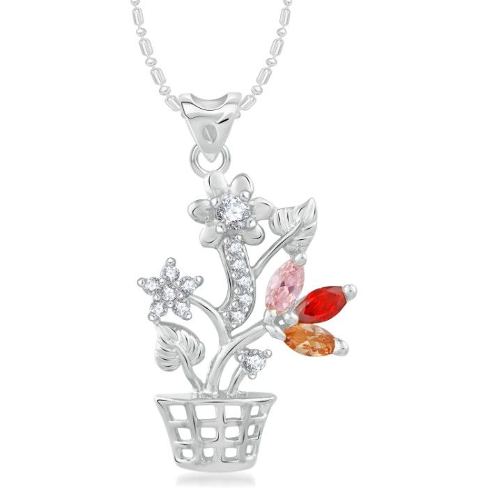 Buy Srikara Alloy Rhodium Plated CZ/AD Flowerpot Fashion Jewelry Pendant with Chain - SKP2403R - Purplle