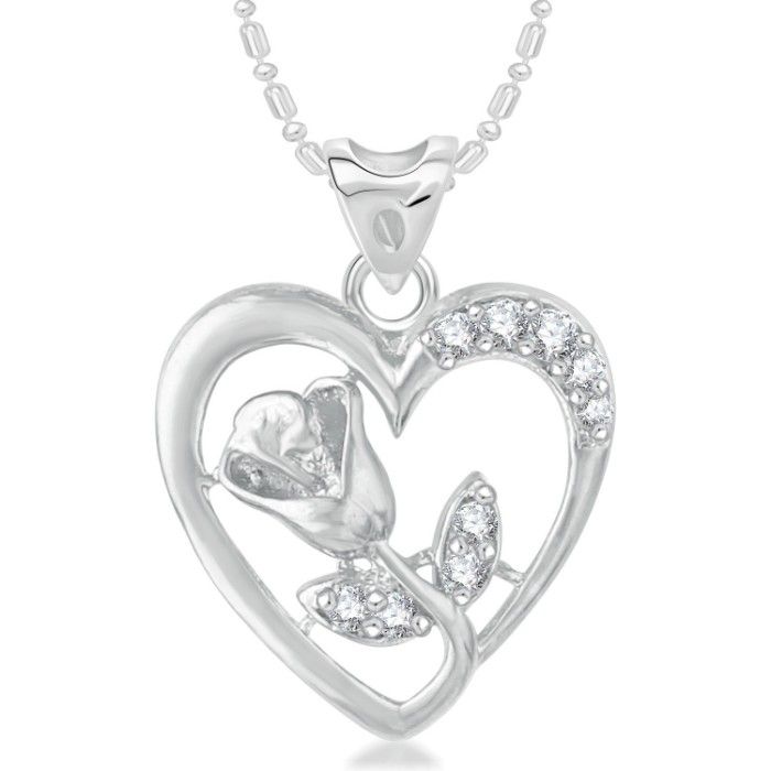 Buy Srikara Alloy Rhodium Plated CZ/AD Rose In Heart Fashion Jewellery Pendant Chain - SKP3056R - Purplle
