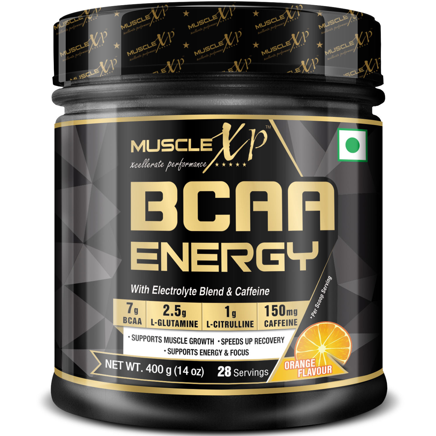 Buy MuscleXP BCAA Energy With Electrolyte Blend & Caffeine, Orange, 400g (14 oz) - 28 Servings - Purplle