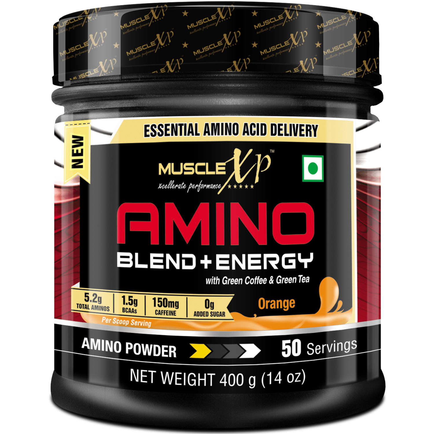 Buy MuscleXP Amino Blend and Energy Powder, Orange, 400g, 50 Servings - Pre Workout, Intra Workout, Energy Blend with Green Coffee, Green Tea - Purplle