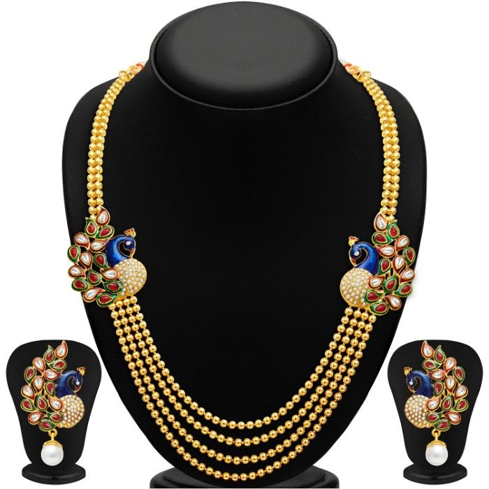 Buy Sukkhi Gleaming Pearl Gold Plated Wedding Jewellery Kundan Peacock Meenakari Multi-String Necklace Set for Women - Purplle