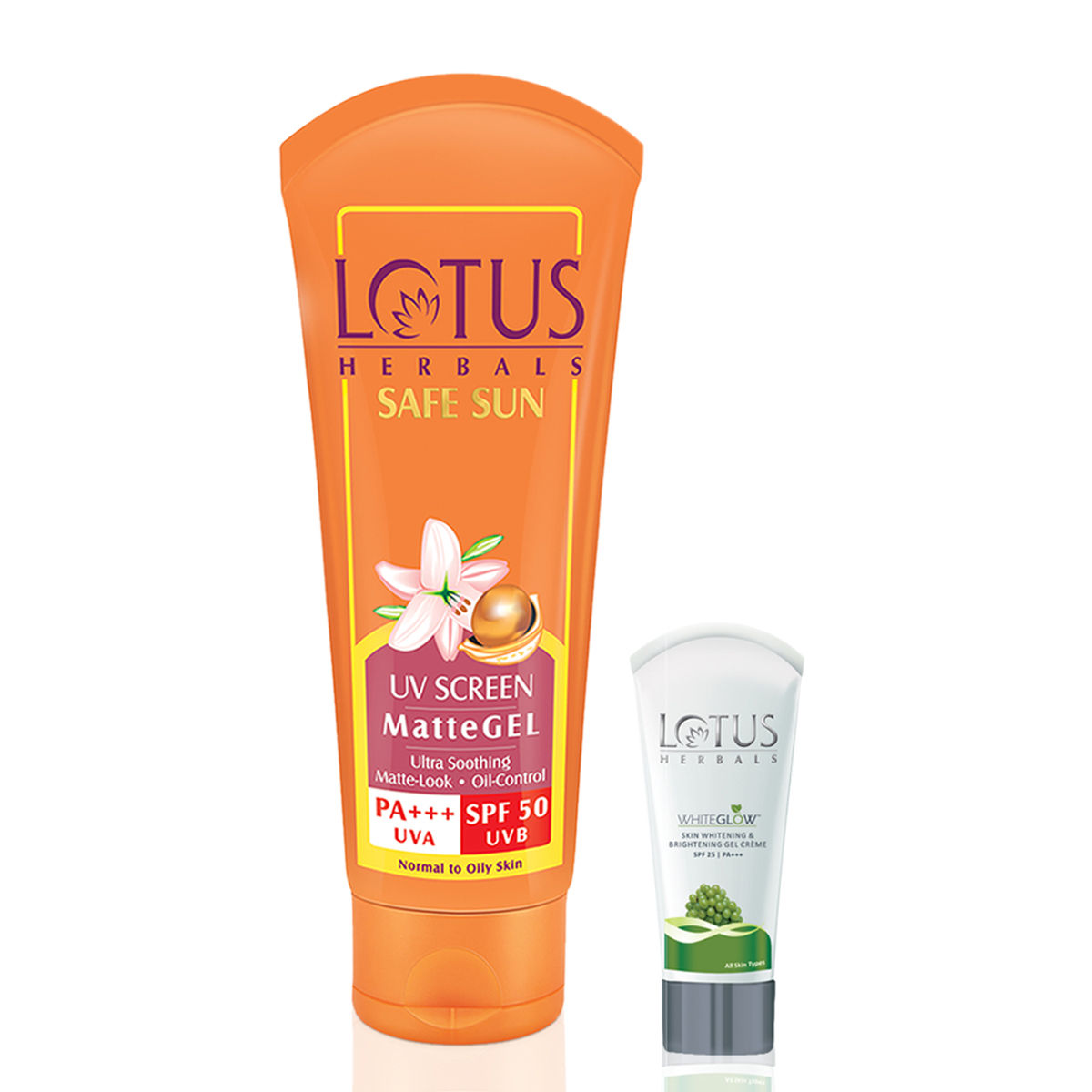 Buy Lotus Herbals Combo Pack - Safe Sun UV Screen Matte Gel Pa+++ Spf-50 & WhiteGlow Skin Whitening & Brightening Gel Creme Spf-25 (100 g + 18 g) - Purplle
