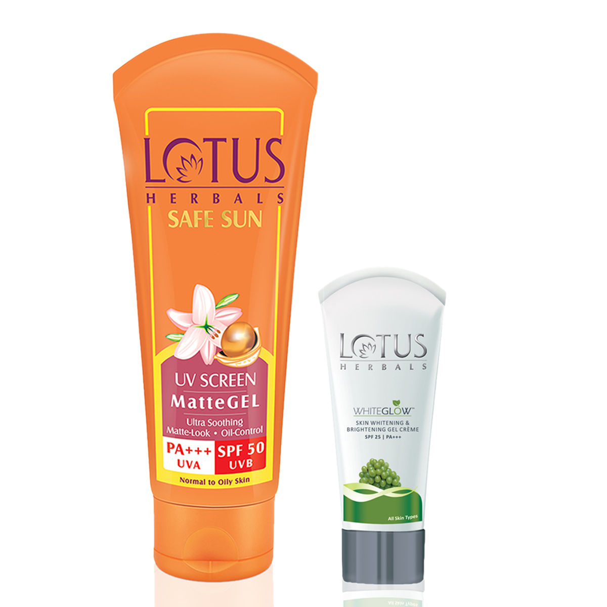 Buy Lotus Herbals Combo Pack - Safe Sun Mattegel SPF-50 & Whiteglow Gel Creme SPF 25 (50 g + 18 g) - Purplle