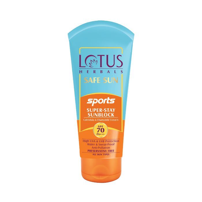 Buy Lotus Herbals Safe Sun Sports Super-Stay Sunblock | SPF 70 | PA+++ | Preservative Free | Anti-Pollution | 80g - Purplle