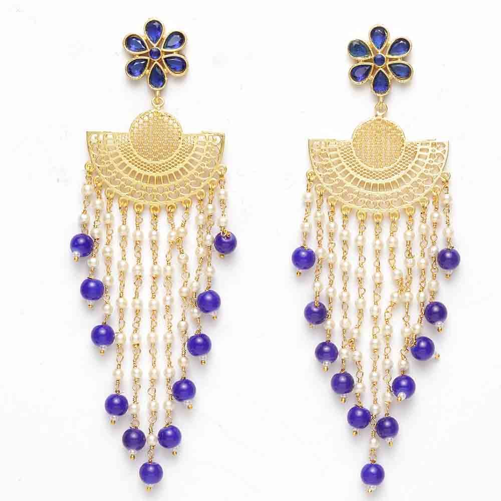 Buy Ferosh Electric Blue Golden Pearl Chained Earrings - Purplle