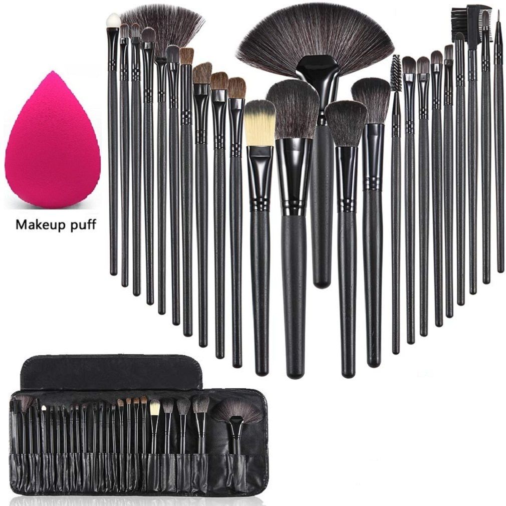Buy AY Makeup Brushes Sets With Leather Storage Pouch (24 Pieces and 1 Makeup Sponge Puff), Color May Vary - Purplle