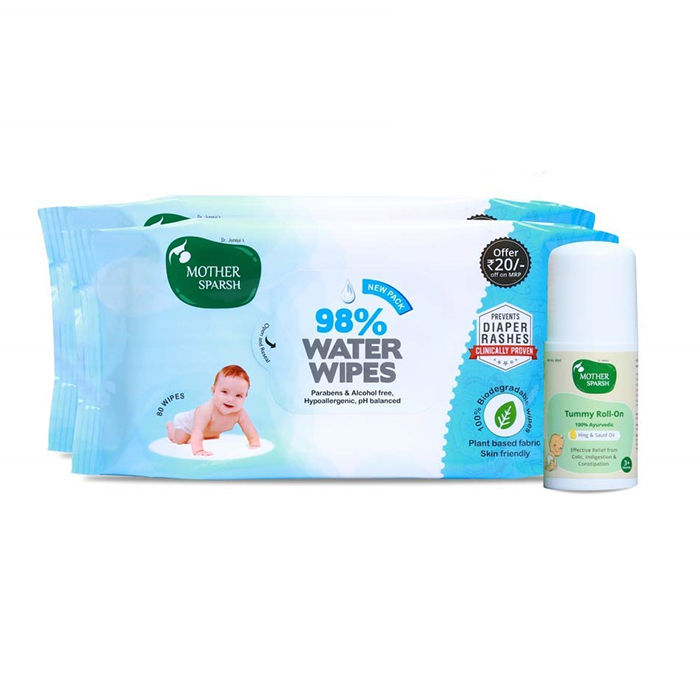 Buy Mother Sparsh Infant Care Kit (98% Water Based Wipes (Mild -Scented )80pcs X 2 + Hing Tummy Roll On 40ml) - Purplle