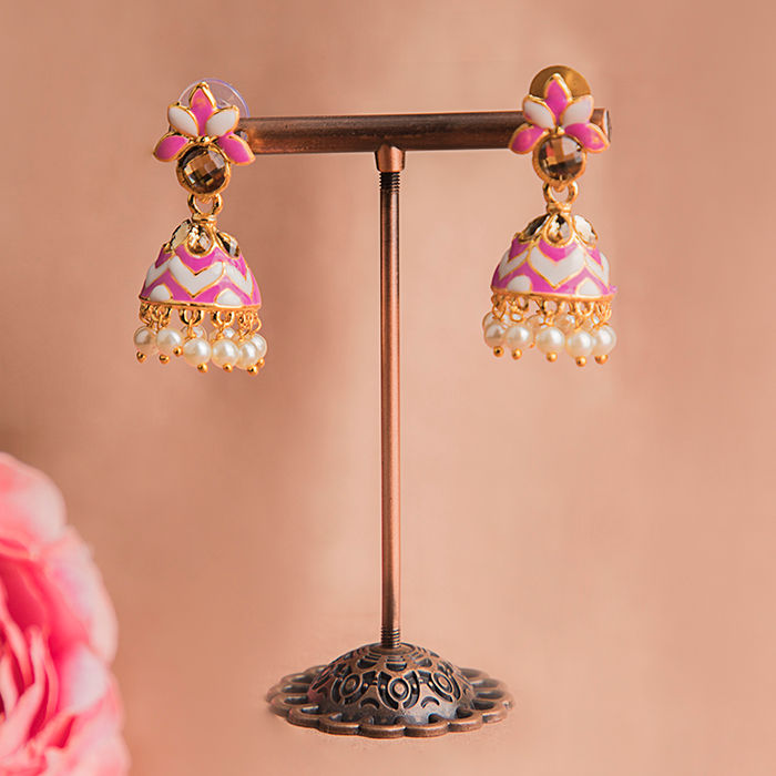 Buy Queen Be Leaf Enameled Jhumkis, White & Pink With White Pearls - EV19069 - Purplle