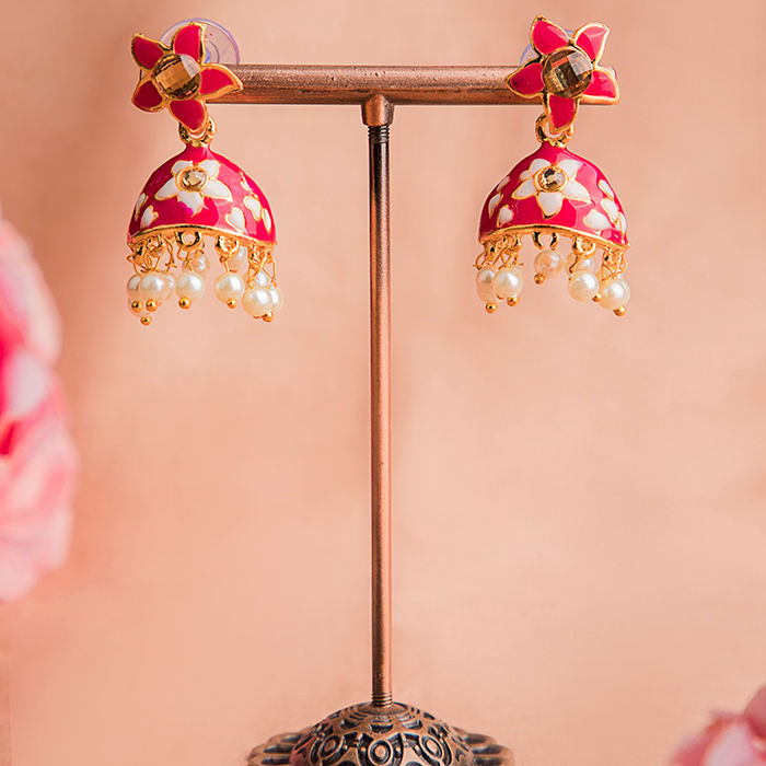 Buy Queen Be Floral Enameled Jhumkis, Fuschia Pink & White With White Pearls - EV19071 - Purplle