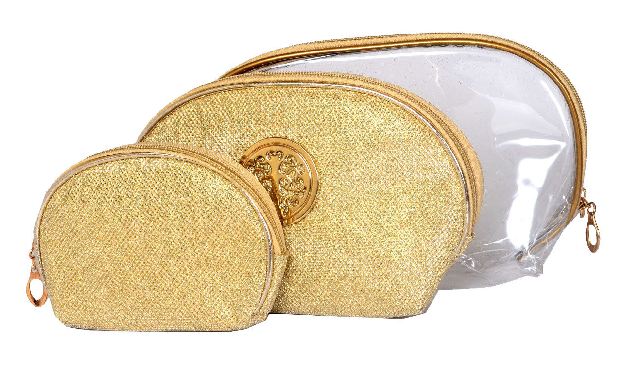 Buy Bonjour Paris Coat Me 3 pc Women's Multi Purpose Makeup Bag / Vanity Pouch / Travel Kit / Cosmetic Bag Organiser (Gold) - Purplle