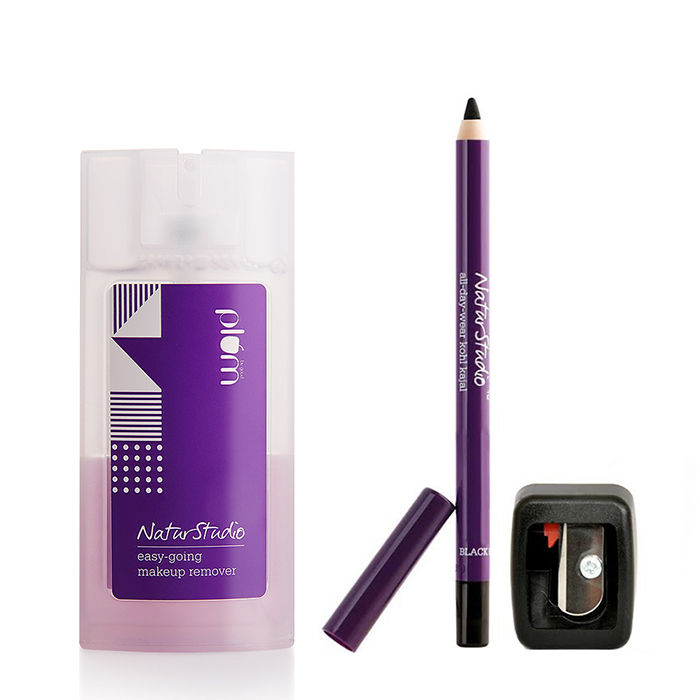 Buy Plum Natur Studio All-Day-Wear Kohl Kajal + Plum Flip-tip sharpener + Plum NaturStudio Easy-Going BiPhasic Makeup Remover - Purplle