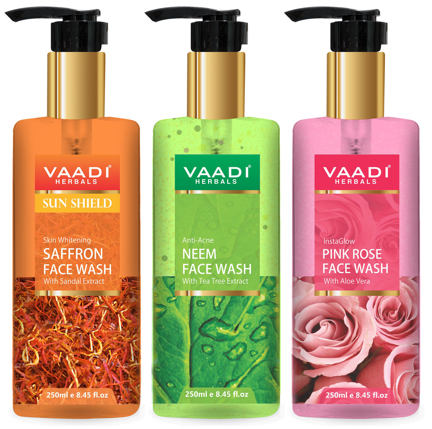 Buy Vaadi Herbals Pack of 3 Luxurious Face Wash - Skin Whitening Saffron (250 ml) Anti-Acne Neem (250 ml) & Insta Glow Pink Rose Face Wash (250 ml) - Purplle