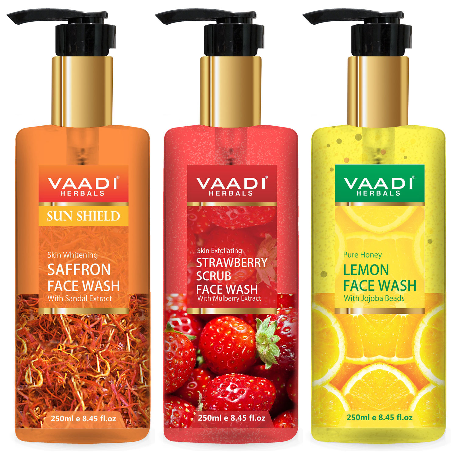 Buy Vaadi Herbals Pack of 3 Luxurious Face Wash - Skin Whitening Saffron (250 ml) Strawberry Scrub (250 ml) & Pure Honey Lemon (250 ml) - Purplle