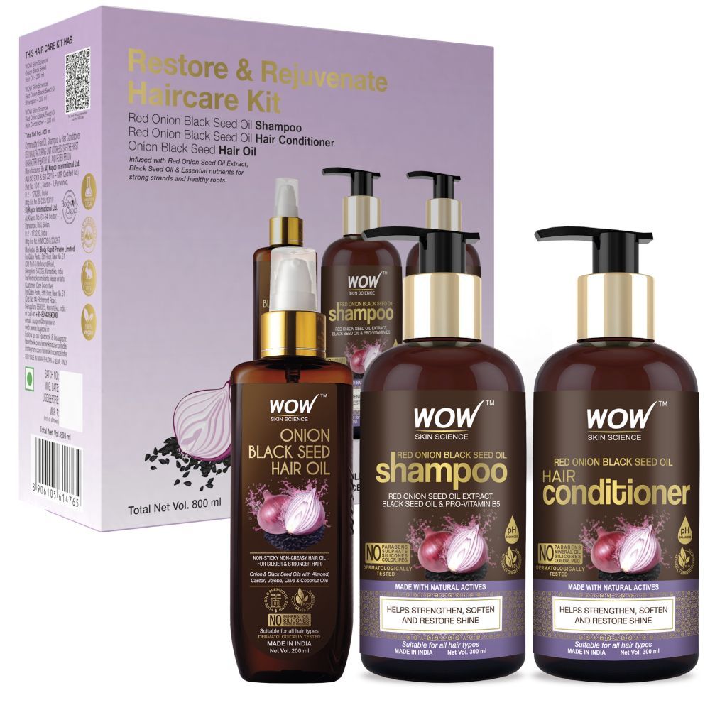 Buy WOW Skin Science Onion Black Seed Oil Restore & Rejuvenate Haircare Kit (Shampoo + Hair Conditioner + Hair Oil) 800ml - Purplle