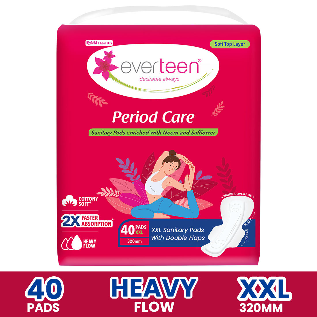 Buy everteen Period Care XXL Soft 40 Sanitary Pads 320mm with Double Flaps enriched with Neem and Safflower - 1 Pack (40 Pads) - Purplle