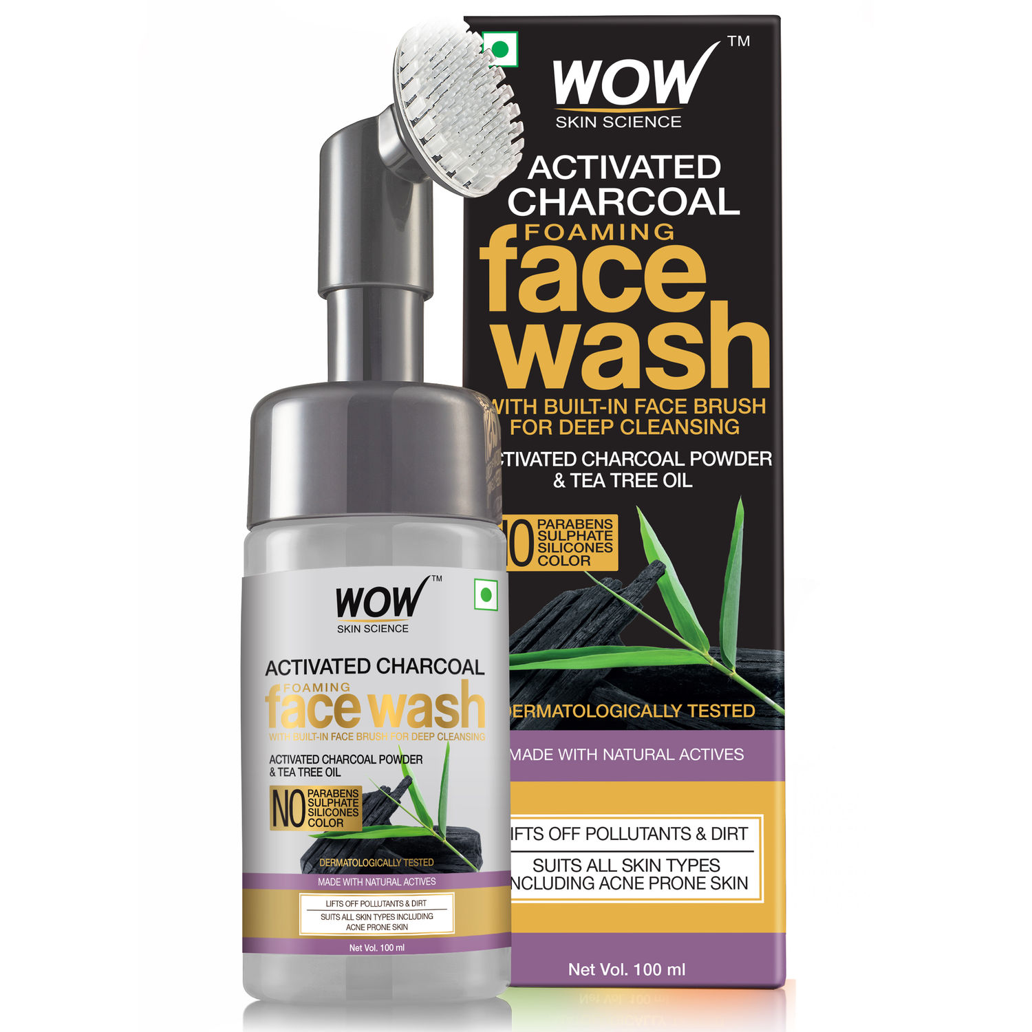 Buy WOW Skin Science Activated Charcoal Foaming Face Wash With Built-In Face Brush (100 ml) - Purplle