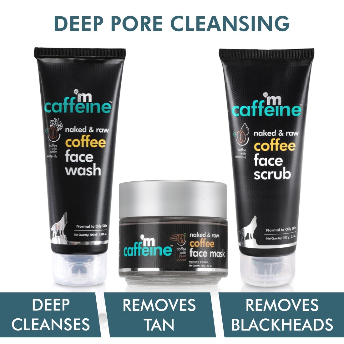 Buy mCaffeine Deep Pore Cleansing Regime | Deep Cleanse, Tan Removal, Blackheads Removal | Face Wash, Face Mask, Face Scrub | Oily/Normal Skin | Paraben & SLS Free 300 gm - Purplle