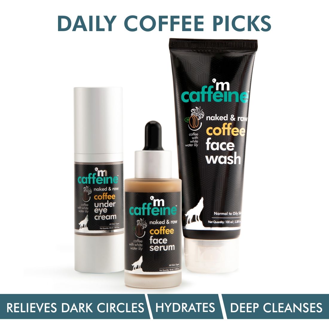 Buy mCaffeine Daily Coffee Picks | Deep Cleanse, Sun Protection, Relieves Dark Circles | Face Wash, Face Serum, Under Eye Cream | All Skin | Paraben & Mineral Oil Free 170 ml - Purplle