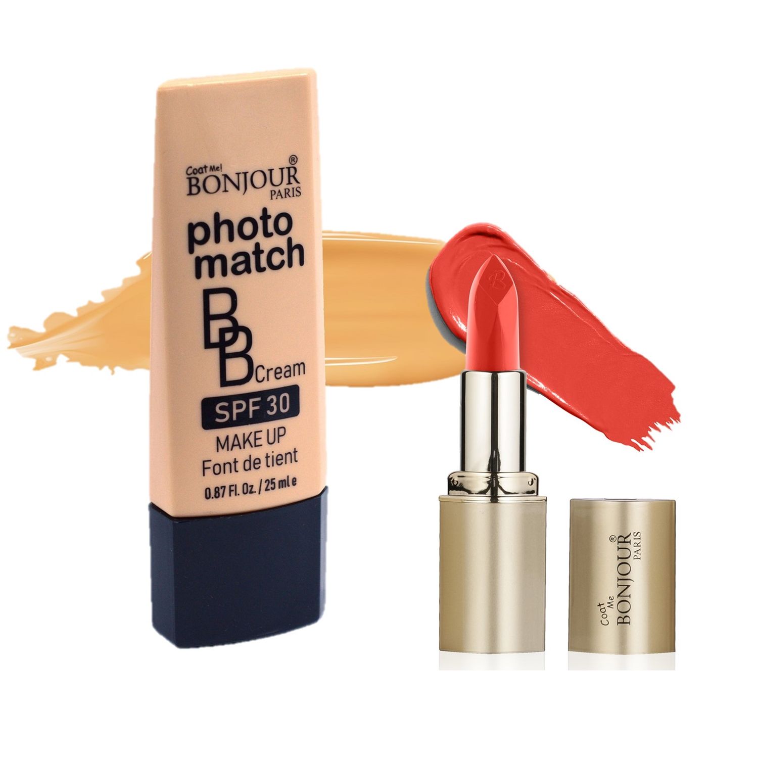 Buy Bonjour Paris Photo Match BB Cream (Beige) + Creme Lipstick (Coral Red) - Combo Offer _ BCB01-04-LSB02-61 - Purplle