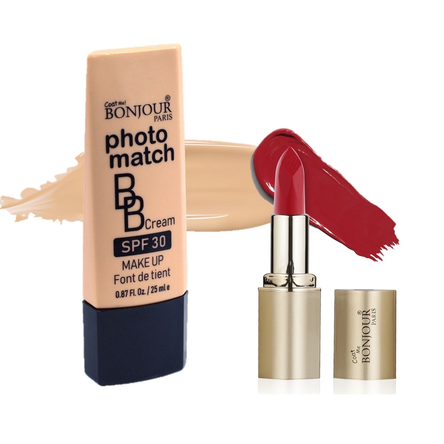 Buy Bonjour Paris Photo Match BB Cream (Natural Fair) + Creme Lipstick (Brilliant Red) - Combo Offer _ BCB01-01-LSB02-58 - Purplle