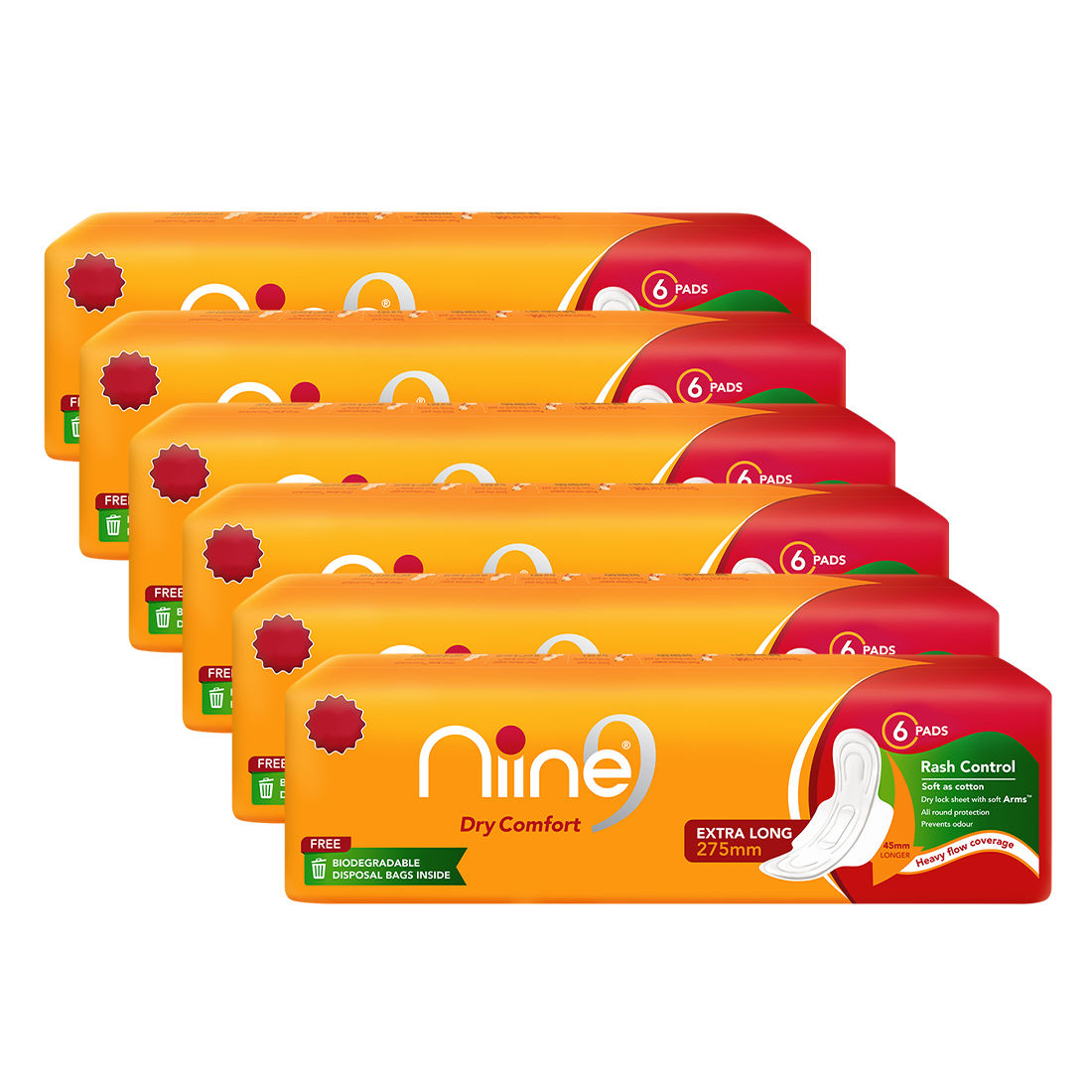 Buy NIINE Dry Comfort Extra Long Sanitary Pads for women with Free Biodegradable Disposable Bags (Pack of 6), 36 Pads Count Sanitary Pad (Pack of 6) - Purplle