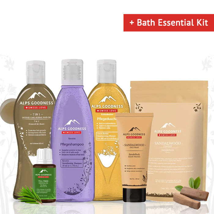 Buy Alps Goodness Bath Essential Kit - Shower Gel + Hair Oil + Shampoo + Face Wash + Essential Oil - Purplle